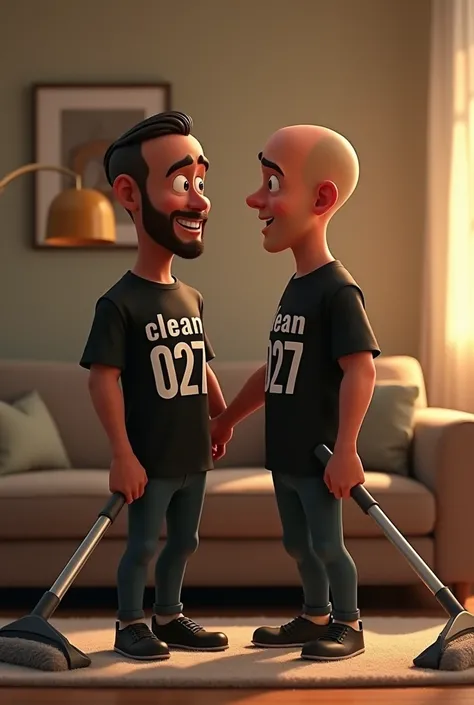  Create a Disney Pixar style image of two men . Um homem é negro shaved hair e o outro homem e branco baixinho ,shaved hair , both wearing a black shirt written clean 027 , they will be in front of a couch holding a dirt extractor. On the back is written H...