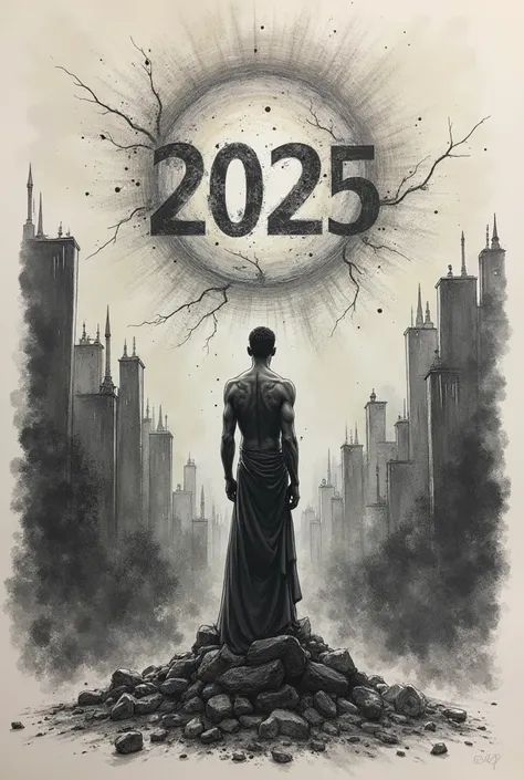  Draw a sexless person who hopes to start a new year developing personally and spiritually. Set 2025 as the year .  The context is a city with chaos .  The person maintains his peace .  You can see your soul 