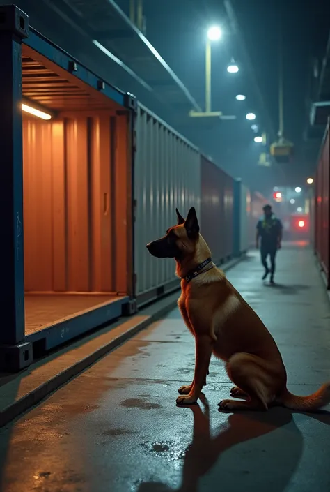 An image of a container with a Belgian Malinois dog performing a security check.  The scene takes place in a modern and safe facility .  The lighting is bright and professional , and highlights the presence of the dog .  The general atmosphere is one of vi...