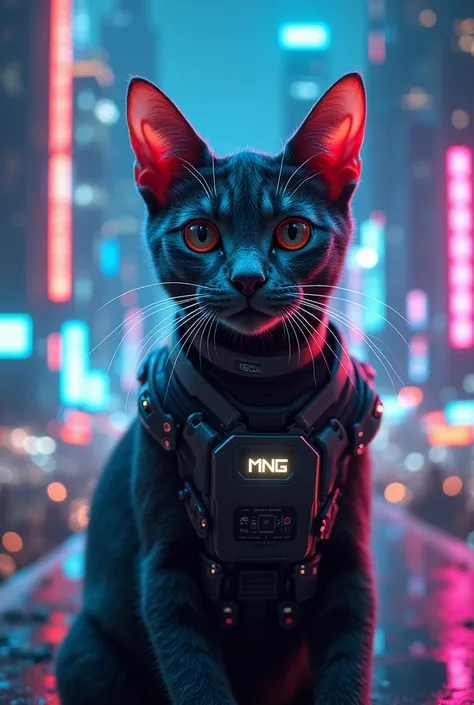 A picture in the style of a new year ,  cyberpunk cat with the inscription MNG Lab