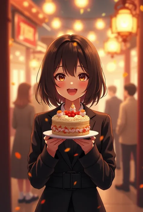 A human girl is celebrating New Years Day and holds a cake in her hand and has relatively short hair and wears black festive clothes 