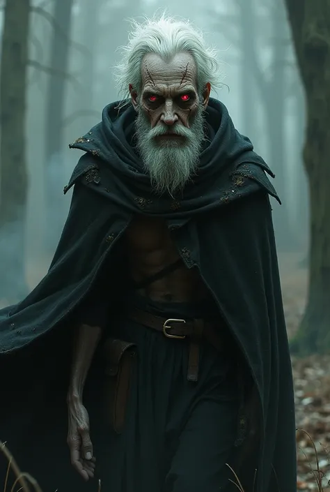  A character called Lysander eyes without pupil completely white with red flashes,  several scars on the face,  white hair, a very unkempt beard ,  very pale skin and a cloak as clothing 