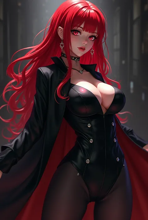 Oc from anime girl with red hair and red eyes with big breasts very big and beautiful in black and Machiavellian clothing