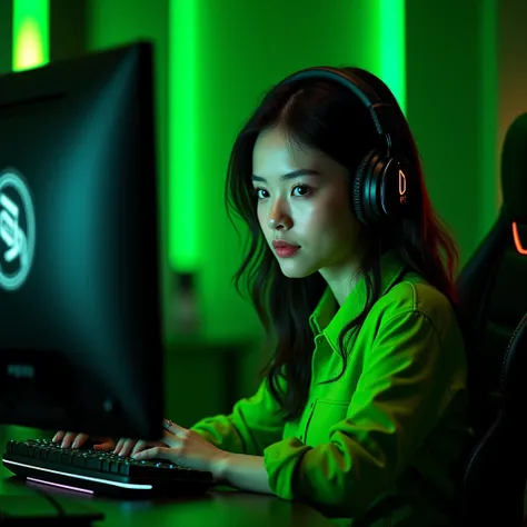 Beautiful girl in front of the gamer computer colors black and lime green