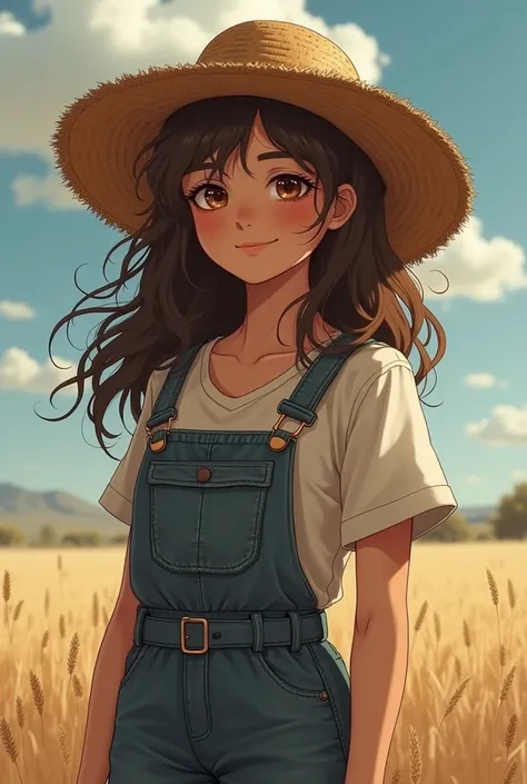  a 17-year-old teenager , with 1,67 tall,  wavy brown hair that goes up to the middle of her back,  she wears an old, half-dirty jumpsuit but always smiling . She also wears a half-finished straw hat . RPG style PARANORMAL ORDER