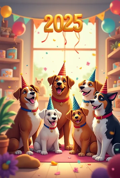 Create an image to wish happy year 2025 to the customers of a dog store