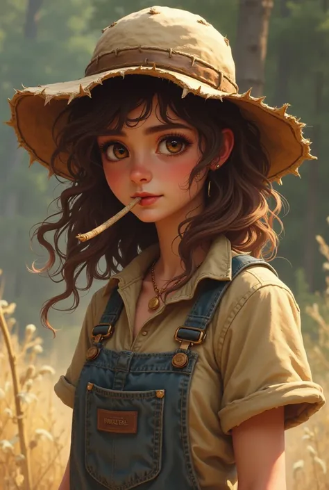  a 17-year-old teenager , with 1,67 tall,  wavy brown hair that goes up to the middle of her back,  she wears an old, half-dirty jumpsuit but always smiling . She also wears a hat half of torn straw ,  she also has a piece of brushwood in her mouth