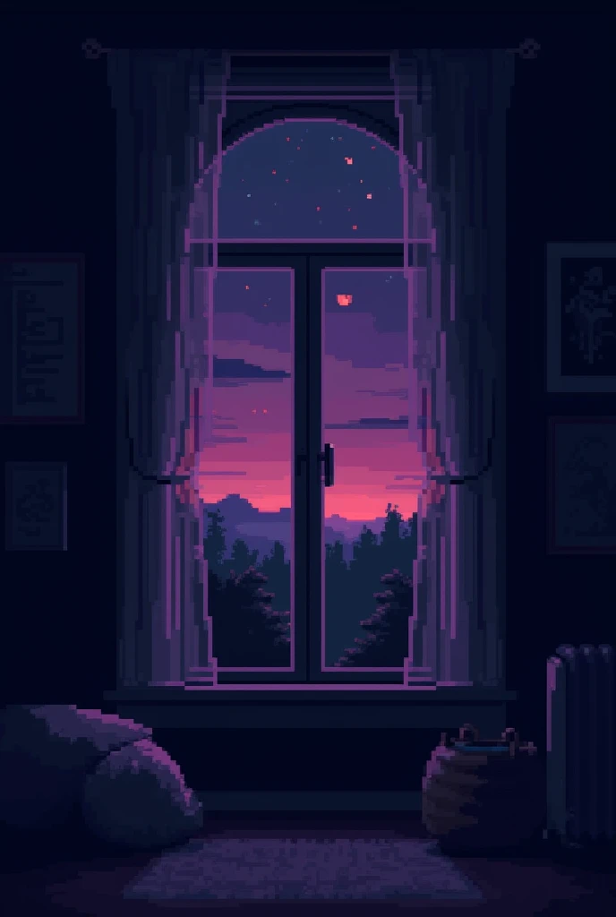 8 bit style background image wherethe view is form inside apartments window, overlooking a night sky landscape. Use dark colors like purple