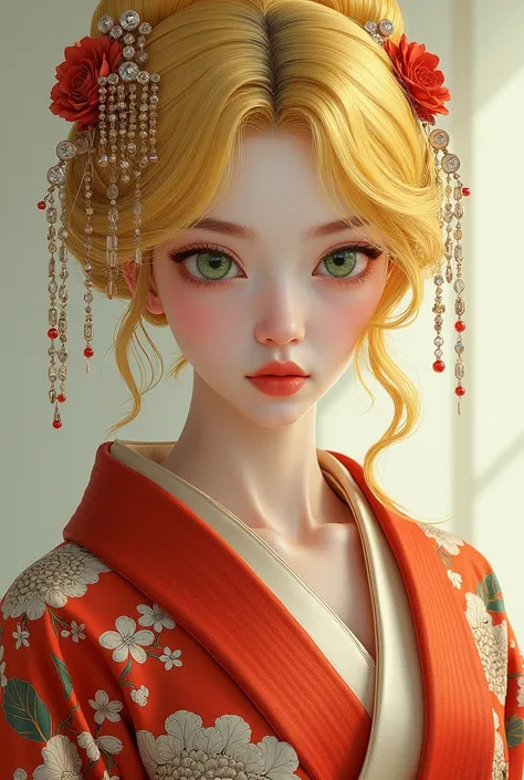 Japanese woman with light yellow hair green eyes dressed in sexy kimono