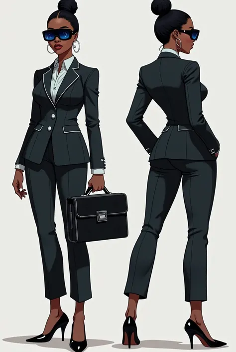 Design a detailed character sheet for a Black corporate professional NPC in a cyberpunk world. The character is a curvy woman from Tanzania with a sleek, tailored business suit featuring subtle glowing neon accents on the lapels and cuffs. She carries a ho...