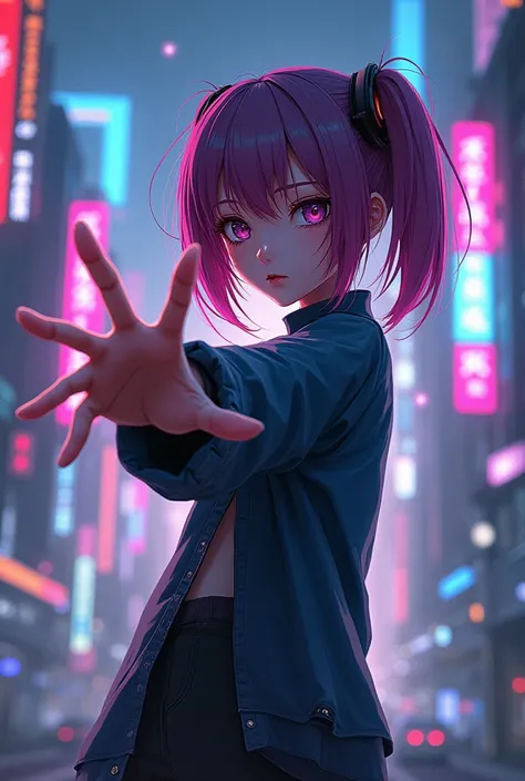  Generate a photo of an anime girl,  drawing she stands and reaches out her hand to the side as if she wants to give something. cyberpunk anime style,  side view