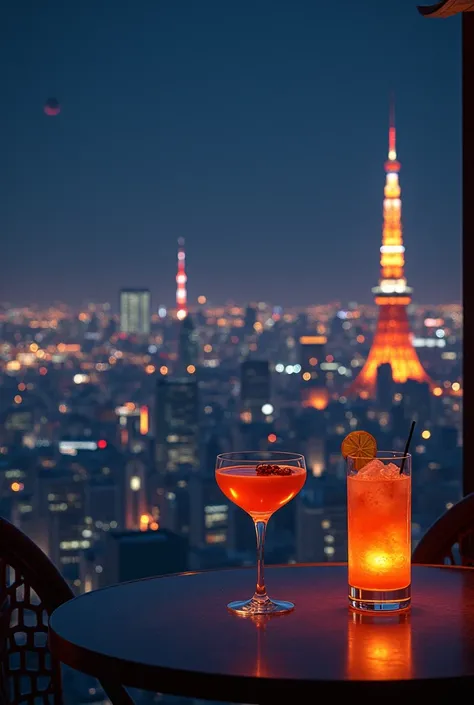  night view of Tokyo Tower and the city　 cocktails 　 images that are well received by foreigners 　Realistic and beautiful 　