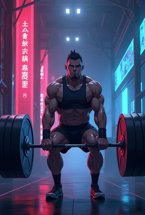 

" Generate an image showing a male anime character training in a surreal futuristic gym .  The character must have the weight bar loaded with heavyweight discs resting on his shoulders , while performing a squat with a firm and determined posture .  The ...