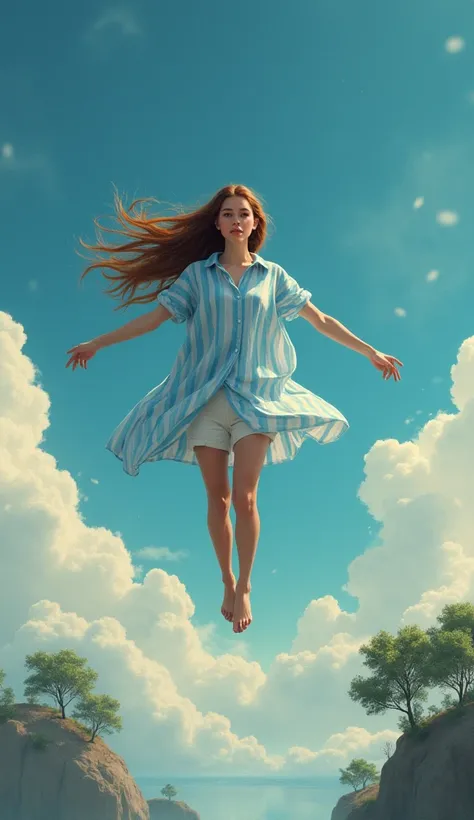 A dreamy, whimsical, nostalgic, and captivating Lucid Dreaming art piece. It features a woman with long, brown hair and wearing a blue and white striped shirt. She is floating in mid-air. In the background, there are floating islands with trees. The sky is...