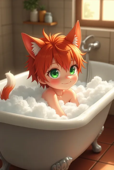 realistic anime, Redheaded boy,  green eyes, bathing, with ears and tail,  in a bathtub,  with foam on the body  