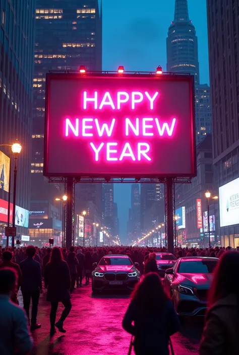 Generate a hyper realistic image of a HAPPY NEW YEAR neon colored text written on a large billboard in a beautiful city filled with people and luxurious cars.