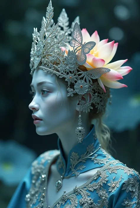 I want a crown that symbolizes the ocean, that contains fish or whatever refers to the sea and that has a lotus flower, and also that symbolizes the earth, since it has trees and also that has butterflies, that is carved in the same crown and that is silve...