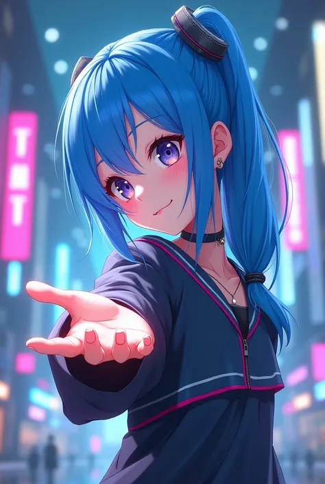 Anime girl with blue hair extends her hand to her side as if she wants to give something, side view, cyberpunk, 2D