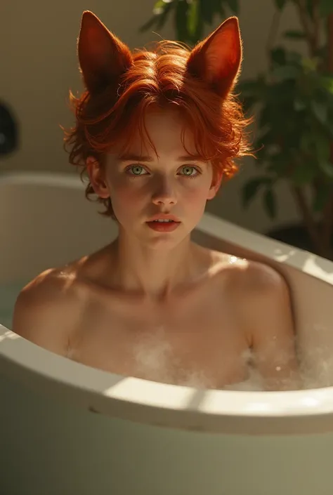  realistic ,  teenage boy , redhead,  green eyes, bathing, with ears and tail,  in a bathtub, sexy,  beautiful 