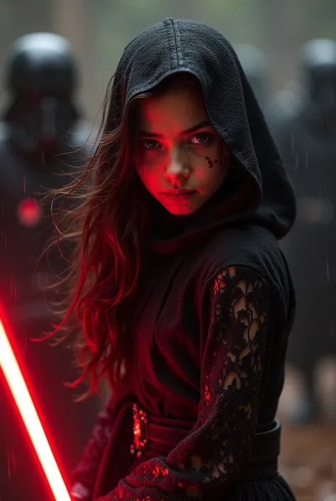 Super closeup,young sith girl holding red light sabre,Walking forward,Menacing,Closeup, followed by black armed shock stormtroopers,black shock troopers,volcanic black background,raining,Full length filigree dress flowing in wind,Closeup,Banksy style, Yout...