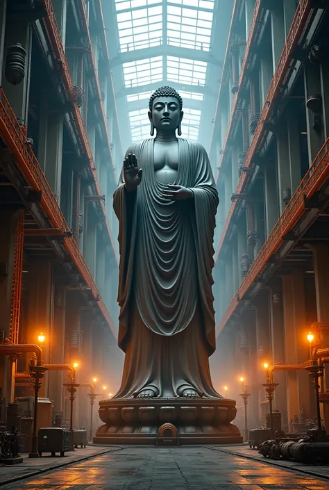 A very realistic giant version of budda,  standing 100 meters high in a forward position.  reactor equipment production line constructed with modern materials such as steel ,  Carbon Fiber ,  other industrial elements are also visible ,  just like the real...