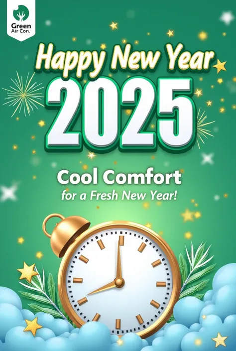 

Create a vibrant and festive New Year 2025 poster for Green AirCon, an air conditioning company. The design should feature the company’s logo prominently and incorporate symbols of New Years celebrations, such as fireworks, confetti, or a sparkling clock...