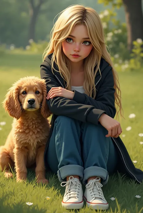 Girl sitting on the grass 
with blue jeans, black jacket, wite snekers  with long limp hair  with her curly blonde dog 