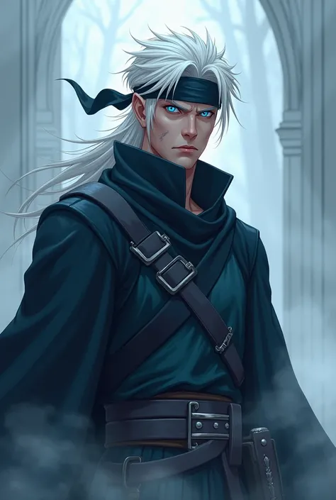 Make a blue-eyed male elf ,  white hair and a ninja headband around his mouth and nose and a scar on his right eye, with an aura of power and arrogance and a mist behind him . Do it with half-realistic anime traits 