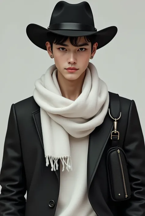 
A handsome 20-year-old boy wearing a black hat wears a white scarf, a black shirt and black pants and a normal black bag on his right shoulder.