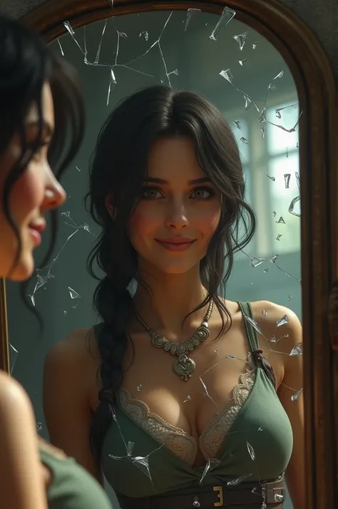 Mirror transformation and breakage — The reflection of Lara smiling and the mirror breaking in the background.