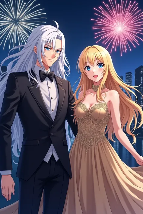 Night city background there are fireworks anime adult male long white hair blue eyes face identical to Kunzite anime character Sailir Moon with black tuxedo next to him adult blonde woman long hair blue eyes face identical to Minako Aino wearing an elegant...