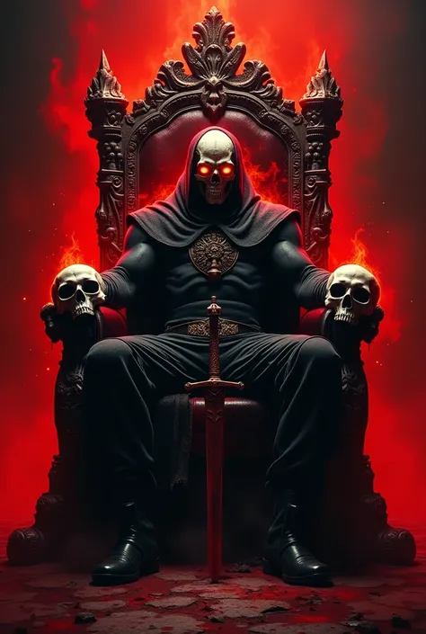 Make a picture, use the color red and black and make the skull a majestic muscular man with two skulls in his hands, make his eyes fire and make her sit on a scary irone throne and swords are everywhere around the throne 