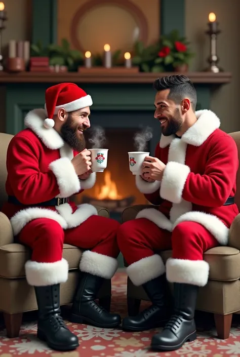 Messi and ronaldo in the santa claus suit are drinking tea 