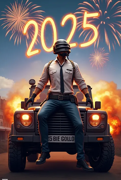 Generate a Happy New Year 2025 in pubg theme , erangle map , an character sitting on bonut of a car and some enjoying in side of him , firecrackers in sky, Written Wishesh and Square Size Image 