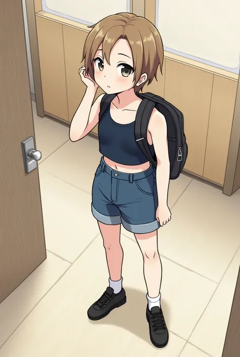 score_9, score_8_up, score_7_up, masterpiece, best quality, lots of details, detailed background, indoors, cover page, cover, textured, detailed, BREAK 1boy, solo, 18 years old, femboy, light brown hair, short hair, school backpack, denim shorts, looking a...