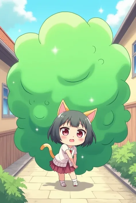 Teenage cat anime girl accidentally farting with green smoke