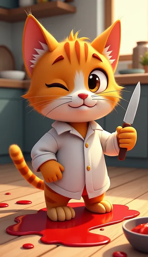 Create an image of a cartoon cat in a kitchen, with a mischievous expression. The cat is wearing a white shirt and holding a knife, playfully cutting into a pile of red sauce on the floor, with splatters around. The kitchen has a cozy, homey feel, with pot...