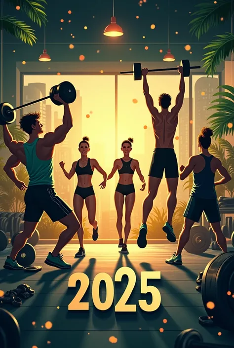 "Create a vibrant and motivational New Year greeting card for 2025, designed for a personal trainer to share with clients. The image should feature a dynamic fitness theme, with elements like weights, a running track, and energetic people exercising. Inclu...