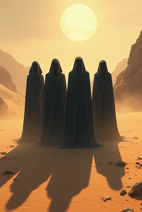 Shadow of four hooded warriors in the desert 