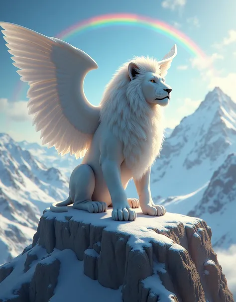  Image of a winged white lion resting on a mountain .  The lion has large wings similar to those of a bird , and its expression is majestic .  in the background ,  you can see a mountainous landscape with snowy peaks and a rainbow that encompasses the sky....