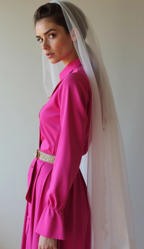 The lady with the veil of the bright pink shirt and the flared sleeves and the belt and the pleated skirt and the boot and from the side view and looked at the camera