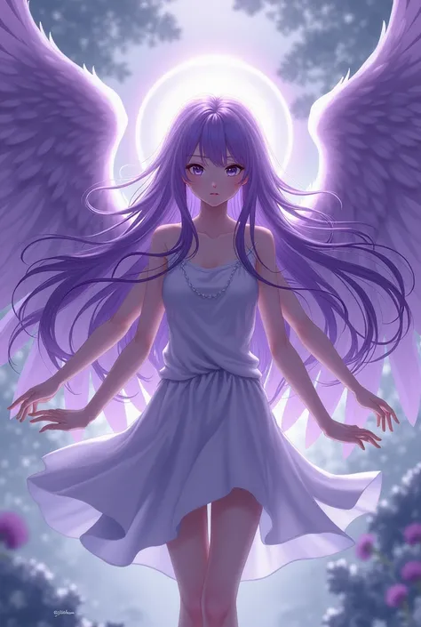 Anime girl purple hair aureole behind her head 8 purple wings and 4 arms 