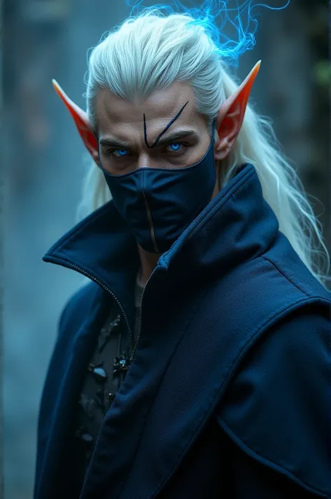 Make a blue-eyed male elf ,  and a mask on his mouth and nose and a scar on his right eye,  with an aura of power and arrogance  