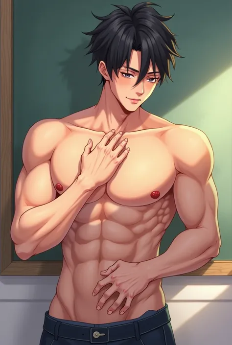 Handsome hot, ikemen, anime, abs, topless teacher, not so buffed, not muscular, just six packed abs like celebrity abs, no pants or underwear, big dick, hard, with little veins, touching himself, blushing