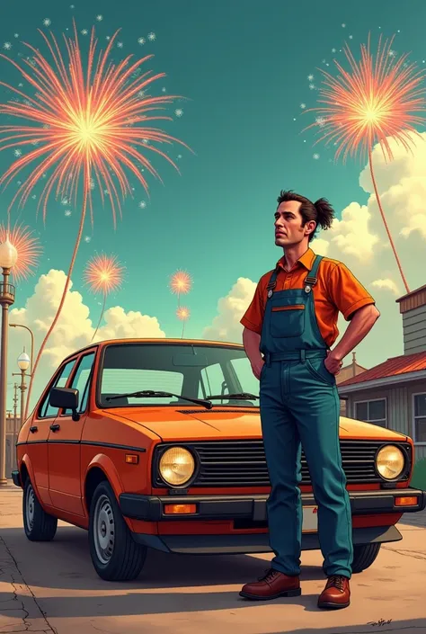  A Volkswagen Jetta from the year 85 color orange like brown,  in front of a man in a mechanics suit at the same time, high,  with dark hair , a little long tied with a tail , With a hammer in his hand 45 years old,  cartoon style,  with fireworks in the b...