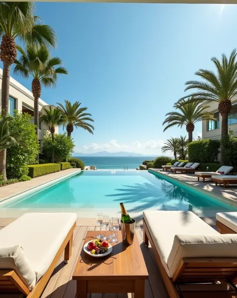 A luxurious outdoor pool area designed with modern sophistication, featuring an infinity pool surrounded by tropical palm trees and vibrant greenery. The poolside includes comfortable lounge chairs with beige cushions, a wooden table with a champagne bucke...