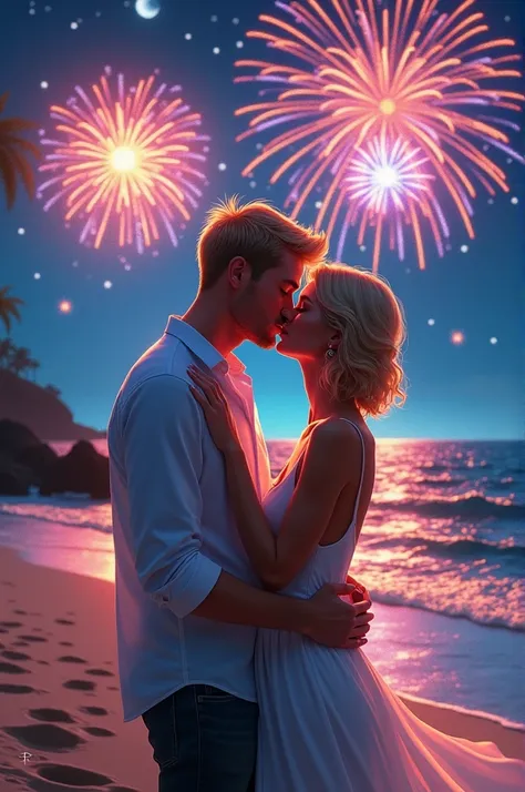  Create a picture of me and my girlfriend kissing us on the beach,  with fireworks shining in the night sky.  Me and my girlfriend in white clothes . Im blonde , de  fair skin , with 1.65 tall,  she has bright blonde hair , short,  fair skin , She is sligh...