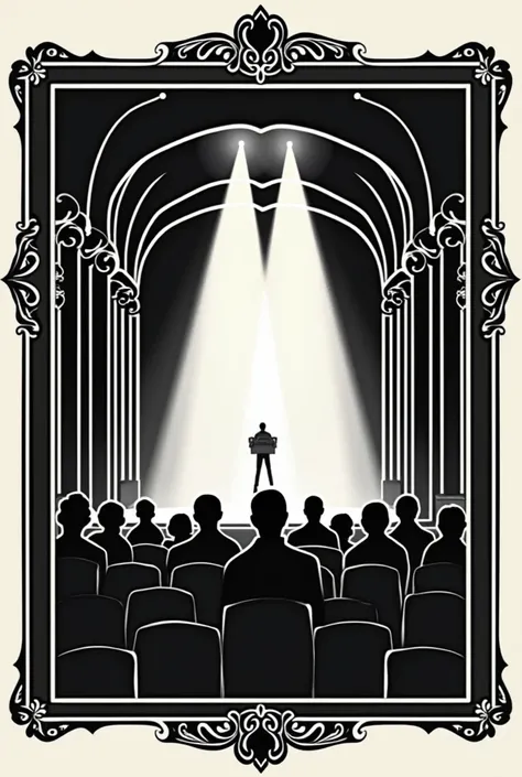 I want you to make me a logo for a university event, which is a cinema called Light & Shadow. I want it to contain a cinema hall with people, and it also needs to be classic. Make it black and white and resemble art deco.