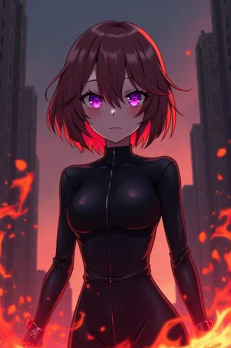 do a girl from the bungou stray dogs universe that is short, wears full black outfit with gloves with no fingers. she has brown hair with red streaks, shoulder length and purple eyes. she has a fire power