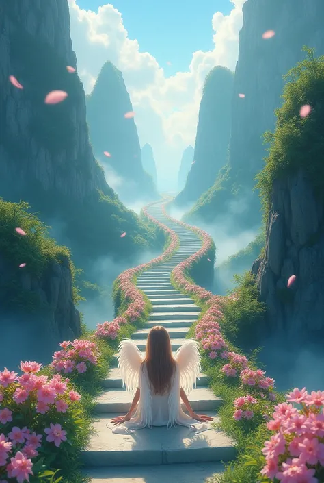 heavenly path to heaven, seeing a long stairway climb between the mystical flowery mountains leading to heaven, an angel girl with angelic face waiting on the step with smile